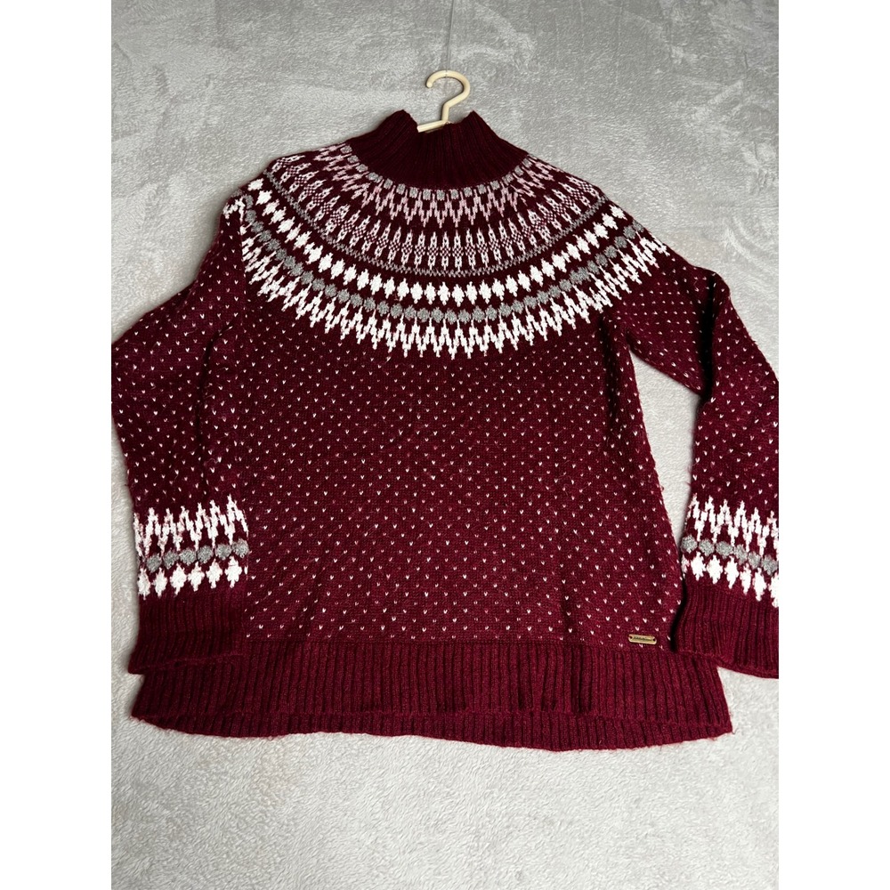 Eddie Bauer Womens Burgundy Fair Isle Mock Neck Wool Blend Sweater Medium 0040